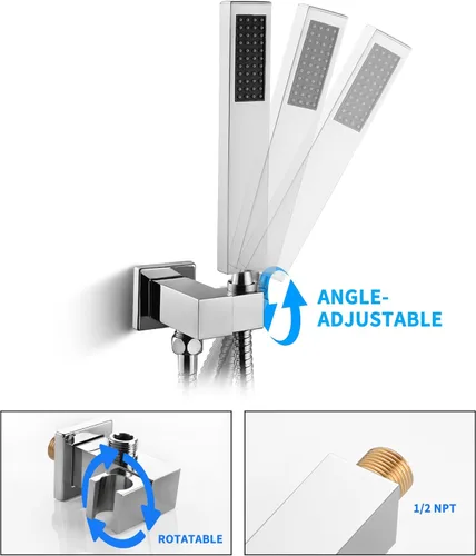 Vista 3 de SKOWLL Cabezal de ducha de mano cromado, varilla de ducha de mano de alta presión de latón para montaje en pared, cabezal de ducha de mano cuadrado
