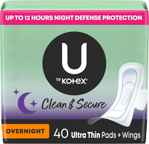 U by Kotex Toallas ultrafinas con alas, Clean & Secure, absorción nocturna, 40 unidades (el empaque puede variar) de Kimberly-Clark Corp.