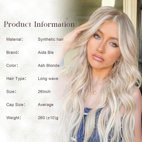 Vista 2 de Aida ble Peluca larga rubia para mujer, peluca ondulada de cabello sintético rubio sucio, peluca de aspecto natural, resistente al calor, para uso
