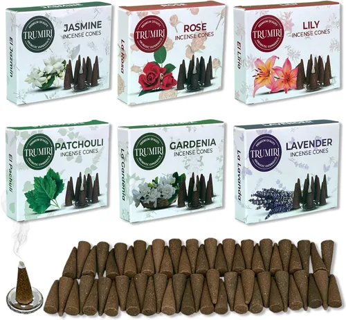 Vista 13 de TRUMIRI Conos de Incienso en Forma de Flor - Paquete Variado - Total 60 Conos de Incienso (6 Aromas x 10 Conos) - Peonía, Lila, Violeta, Madreselva