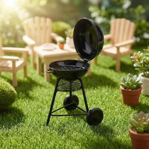 Vista 6 de Miniatura BBQ Grill Horno Modelo 1:12 Herramienta de cocina de casa de muñecas Decoración de jardín Accesorios Kicthen Carro de asado Soporte