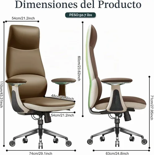 Vista 3 de Silla ejecutiva ergonómica de cuero genuino, respaldo alto de 400 libras
