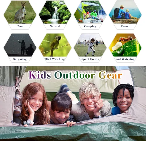 Vista 4 de Binoculares verdes compactos para niños, kit de exploración al aire libre, de 3 a 12 años, a prueba de golpes, perfectos para observación de aves