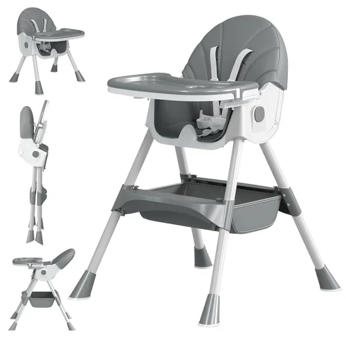 Silla alta para bebé, sillas altas 5 en 1 para bebés y niños pequeños, silla alta plegable de viaje con cojín de poliuretano desmontable, doble Gris