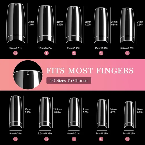 Vista 3 de Ranrose Puntas de uñas francesas transparentes, 500 uñas postizas medianas de media cubierta con caja, 10 tamaños de puntas de uñas para extensiones