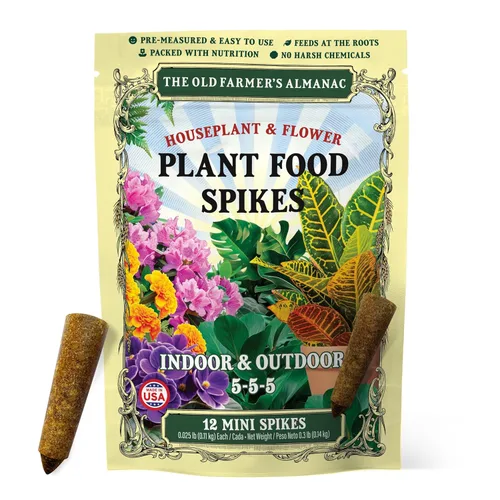 The Old Farmer's Almanac Mini clavos de alimento para plantas de interior y flores - NPK 5-5-5 para alimentación continua y colores vibrantes (12