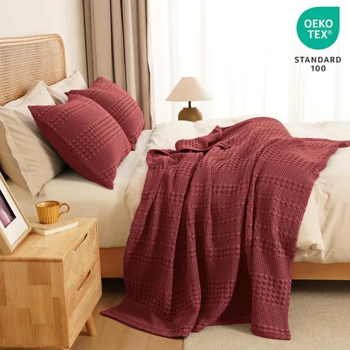 Vista 5 de PHF - Manta tejida de punto gofre 100% algodón, suave, ligera, transpirable, acogedora, de verano, para sofá y cama, tejida, estética, decoración