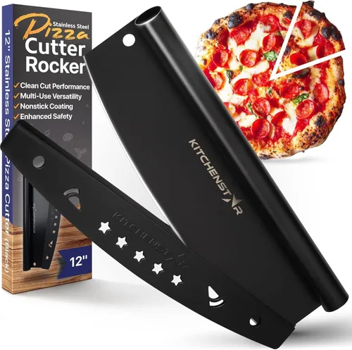 Vista 7 de KitchenStar Cortador de pizza de 16 pulgadas con hoja balancín - Cuchillo de acero inoxidable afilado, cubierta protectora, apto para lavavajillas