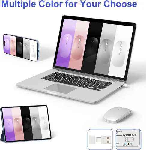 Vista 8 de Ratón inalámbrico Bluetooth para MacBook Air Mac Pro iPad Laptop Computadora Pad Óptico Recargable Delgado Silencioso Modo Dual