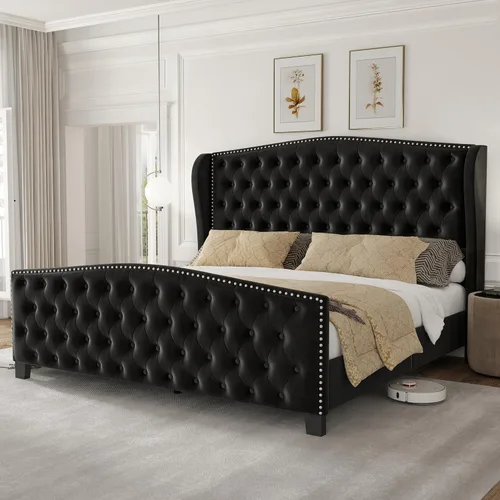 Vista 13 de LARMACE Base de cama tamaño King con plataforma tapizada de terciopelo con cabecera con respaldo de alas y pie de cama, base de cama capitoné