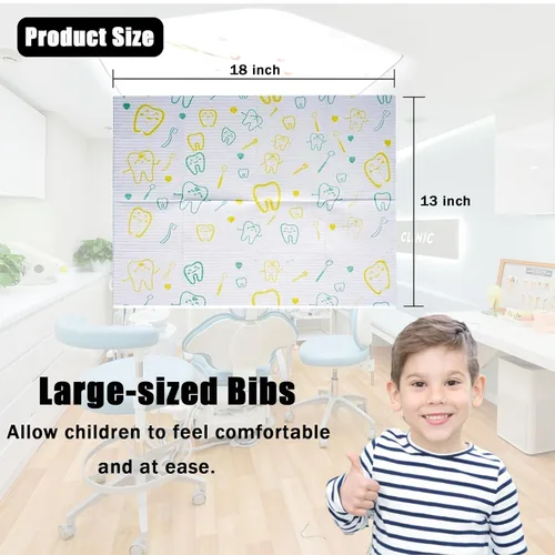 Vista 4 de Baberos dentales pediátricos, cubierta protectora bucal desechable para niños, suministros de cuidado dental, 18 pulgadas de largo x 13 pulgadas