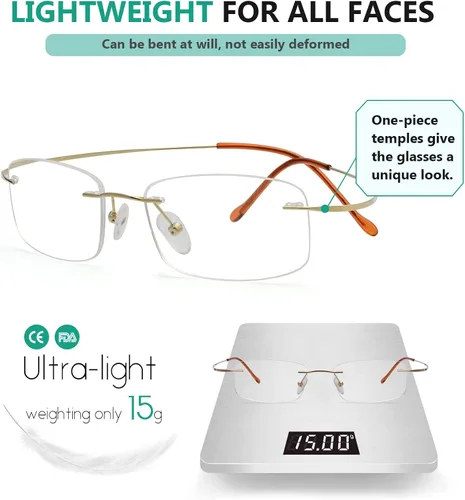 Vista 4 de Eyekepper Gafas de lectura sin montura de titanio para hombre y mujer, oro +0.00