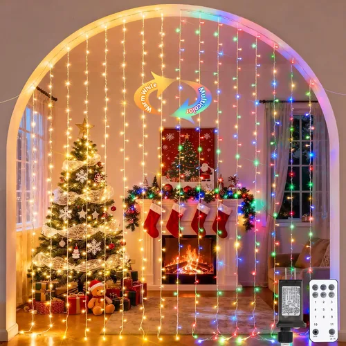Vista 19 de JMEXSUSS - Cadena de luces de Navidad rojas y blancas de 300 LED con control remoto, luces de cortina de Navidad de 9.8x9.8 pies, enchufe, 8 modos