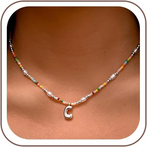 Vista 48 de Ritach - Regalos de Navidad para nietas, adolescentes y niñas, collar con inicial de perlas de colores claros, collar con dije de burbuja dorada