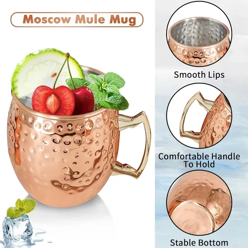 Vista 5 de Moscow Mule - Juego de 4 tazas de cobre chapadas de 18 onzas con asa, tazas grandes de acero inoxidable martillado con doble jigger de 0.5 onzas