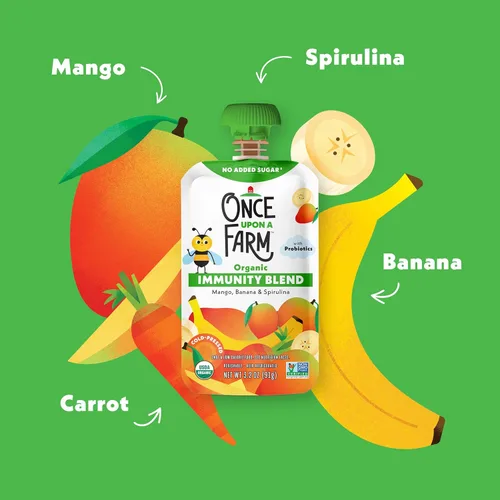 Vista 4 de Once Upon a Farm Mezcla de inmunidad de espirulina de plátano y mango orgánico, bolsa de 3.2 onzas