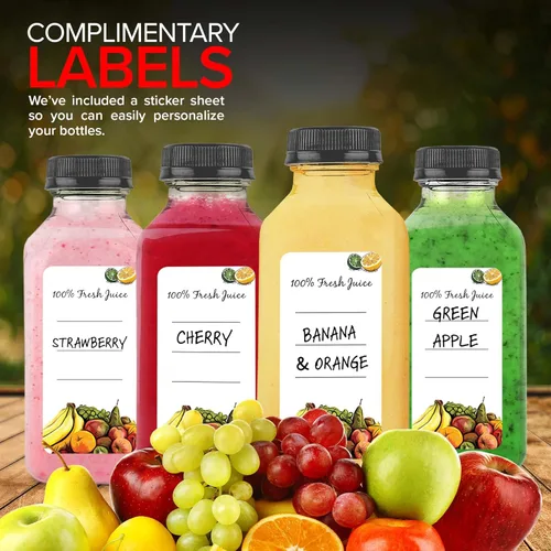 Vista 5 de Botellas de jugo de 12 onzas con tapas para jugo (paquete de 12) – Botellas de agua de plástico vacío transparente reutilizables – Contenedores