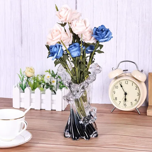 Vista 7 de Jarrón de vidrio azul soplado a mano, arte único, hermoso jarrón de cristal oceánico para centro de mesa del hogar, mesa auxiliar, sala de estar