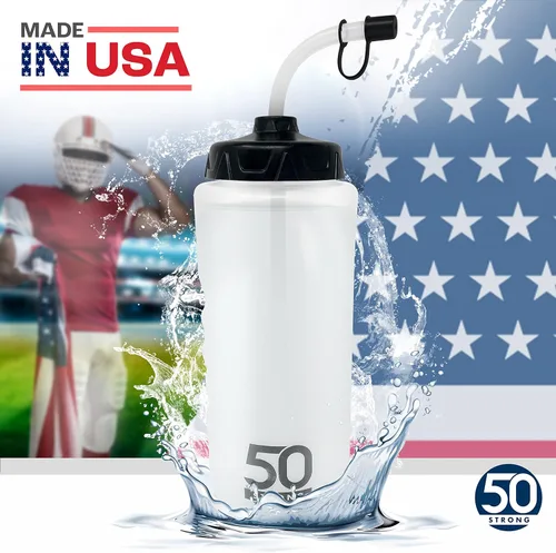 Vista 5 de Botella de agua de 1 litro con pajita Botella de agua de hockey con popote largo Botellas fáciles de apretar + agarre integrado Botella