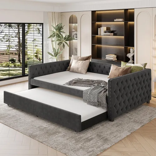 Flieks Sofá cama matrimonial con cama nido tamaño individual, sofá cama capitoné tapizado de lino con nido, sofá cama con botón y clavos de cobre en