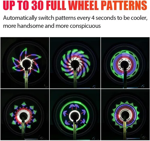 Vista 4 de POCREATION 64 luces LED de radios para bicicleta, 30 patrones, luces de llanta, luz de seguridad de advertencia, PC ABS, tamaño: 16.5 x 1.2 x 1.2 in