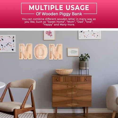 Vista 3 de Personalized Passion Alcancía de madera para niños, niños pequeños y adultos, banco de monedas en forma de letra de gran tamaño, caja de madera