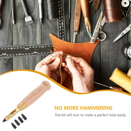 Vista 5 de Healifty Juego de 6 perforadores japoneses ajustables para trabajo de cuero y encuadernación con mango de madera, herramienta para perforar papel
