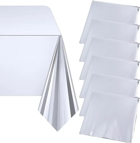 Framendino, Paquete de 12 manteles de plástico desechables de papel de aluminio plateado de 54 x 108 pulgadas, manteles metálicos de alta calidad,