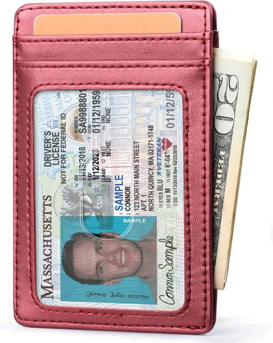 Vista 2 de Buffway Billetera delgada para hombre, minimalista con bolsillo frontal delgado, tarjetero de cuero con bloqueo RFID para viajes de trabajo