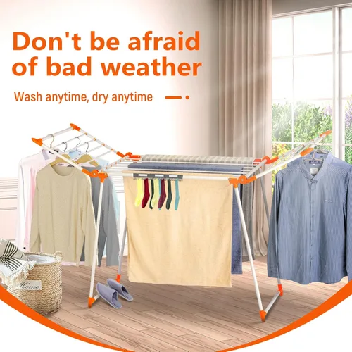 Vista 5 de Estante de secado de ropa, estante de lavandería Gullwing, plegable, ahorra espacio, con clips para calcetines, para ropa, toallas, ropa de cama
