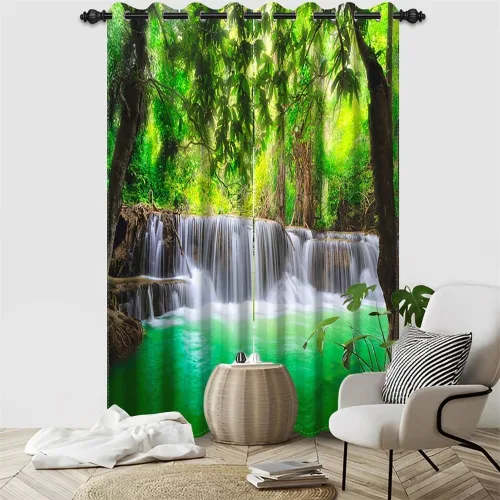 Vista 107 de Cortinas opacas para ventana con vista de cascada, día soleado, amanecer, primavera, paisaje natural, cortinas de ventana con aislamiento térmico