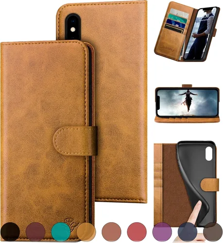 DuckSky Funda tipo cartera de piel auténtica para iPhone Xs Max [bloqueo RFID] 【4 tarjeteros de crédito】【Cuero auténtico】 Funda protectora para