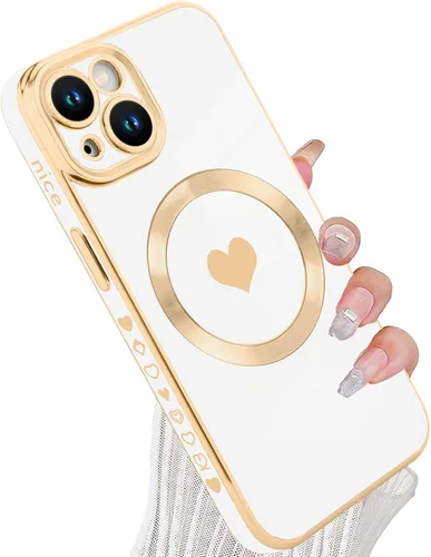 Vista 90 de tharlet Funda Magnética para iPhone 11 [Compatible con Magsafe] Lindo Corazón de Amor de Lujo Chapado Borde Dorado Parachoques con Lente de Cámara