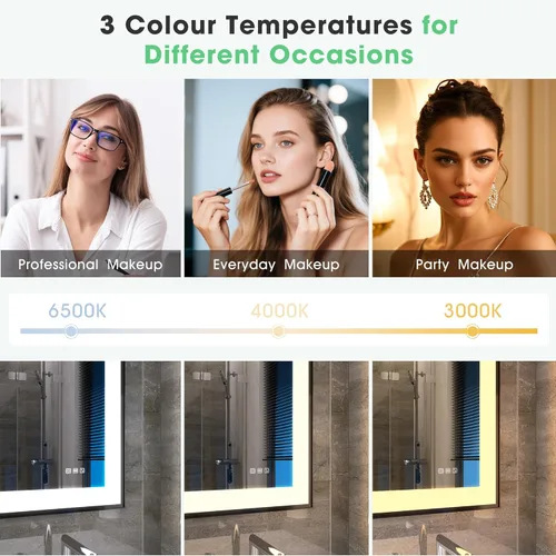 Vista 4 de S·BAGNO - Espejo de baño LED de 40 x 28 pulgadas con marco negro, espejo LED para baño, altavoz Bluetooth integrado, brillo regulable, cambio