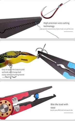 Vista 3 de Alicates de pesca (con cerradura), plantilla de labios de pescado, alicates de pesca, herramientas de pesca multifuncionales de aluminio portátiles