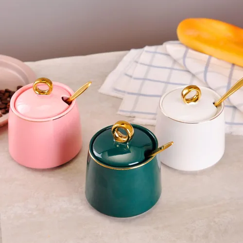 Vista 5 de WHJY Azucarero de cerámica con tapa y cuchara, recipiente de sal de porcelana transparente blanca simple, recipiente de sal, caja de especias