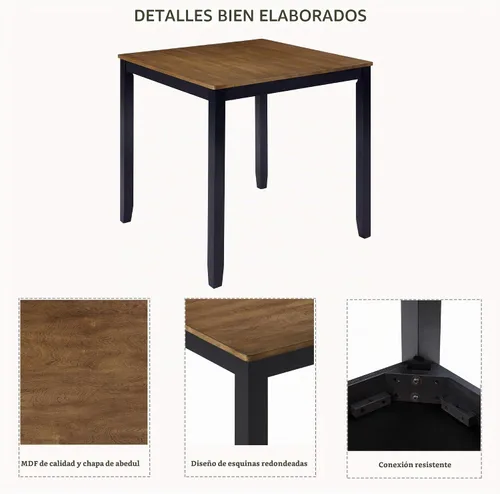 Vista 9 de Juego de mesa de comedor de 5 piezas para 4, juego de mesa de comedor cuadrada de madera maciza, juego de mesa de cocina con mesa cuadrada y 4