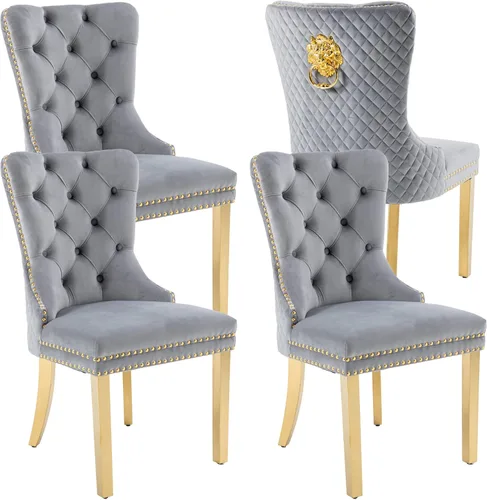 Vista 69 de KCC Juego de 2 sillas de comedor tapizadas de terciopelo, modernas sillas capitoné con botones con anillo de cabeza de león y patas de acero