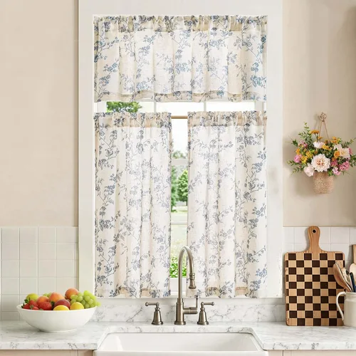Vista 22 de jinchan Juego de cortinas florales de cocina, cortinas de lino y cenefa para ventanas pequeñas, 24 pulgadas de largo para cafetería, sala de estar