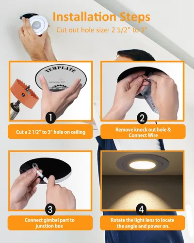 Vista 5 de 7W luces LED empotrables de 3 pulgadas con cardán giratorio, luz descendente direccional ajustable en 360°, iluminación de embutido regulable