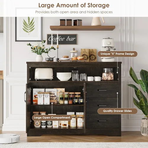 Vista 12 de HOSTACK Aparador moderno de granja, gabinete de almacenamiento de bufé de cocina con cajones y estantes, barra de café de madera con almacenamiento