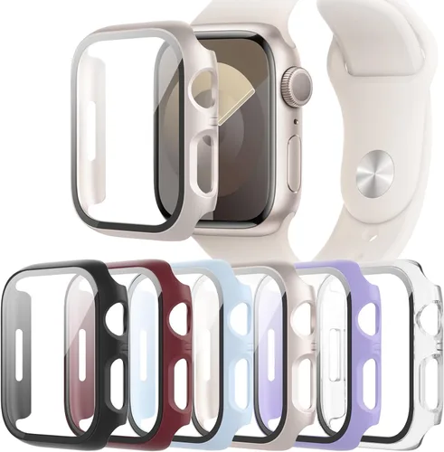 Vista 9 de Paquete de 6 fundas con protector de pantalla de cristal templado compatibles con Apple Watch Series SE, 6, 5, 4, cubierta protectora dura