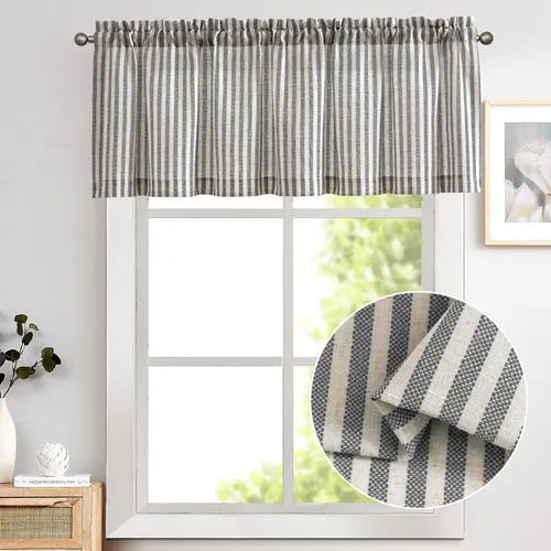 Vista 2 de Vangao Cenefa de cocina de lino a rayas, corta, estilo campestre, rústico, con filtro de luz, bolsillo para barra, 16 pulgadas, 1 panel, negro sobre