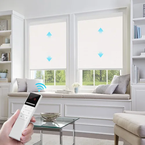 Vista 12 de ZSTARR Persianas opacas motorizadas para ventana con control remoto, persianas enrollables recargables con cenefa, tamaño personalizado (beige)