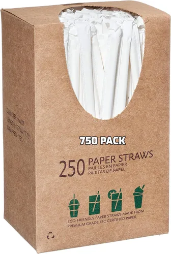 Paquete de 750 pajitas de papel desechables, envueltas, color blanco, 7.5 in, compostables, biodegradables, agradables a la tierra, pajitas de papel