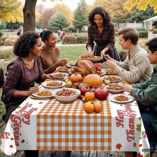Vista 6 de KatchOn, Mantel grande de plástico de Acción de Gracias, 108 x 54 pulgadas, paquete de 3 Mantel desechable de otoño, rectangular, otoño, calabaza