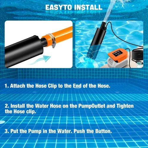Vista 4 de 635GPH Water Pump For DeWalt 18V/20V Battery Powered Submersible Sump Pump