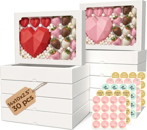 Vista 10 de 20 cajas de galletas con ventana de 12 x 8 x 2.5 pulgadas, cajas grandes de panadería, caja de regalo desplegable automática para postres, fresas