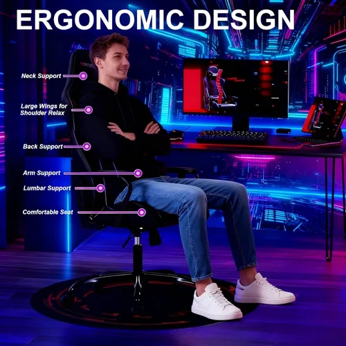 Vista 4 de Silla ergonómica para juegos de PC, silla de escritorio de carreras, respaldo alto, sillas de computadora de oficina con brazos, soporte lumbar