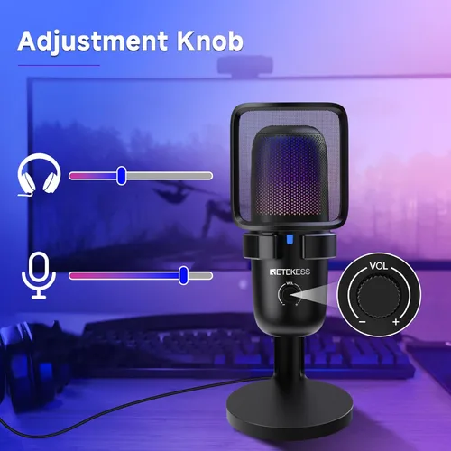 Vista 6 de Retekess TG201 Micrófono USB para juegos, micrófono de PC con RGB conmutable para computadora y portátil, micrófono de condensador Plug & Play